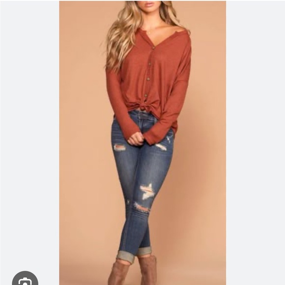 Raquel Rust Button Tie-Front Waffle Knit Top - Picture 3 of 8